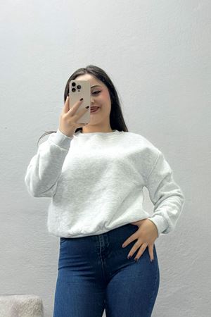 Kadın 3 İplik Bisiklet Yaka Şardonlu Sweatshirt Açıkgri