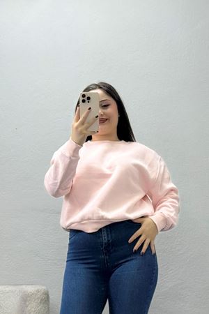 Kadın 3 İplik Bisiklet Yaka Şardonlu Sweatshirt Pudra