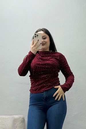 Kadın Sandy Taş Detaylı Drapeli Bluz Bordo