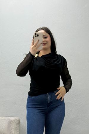 Kadın Sandy Drapeli Tül Kol Bluz Siyah