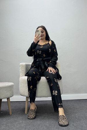 Kadın Süet 3'Lü Pijama Set Siyahbej