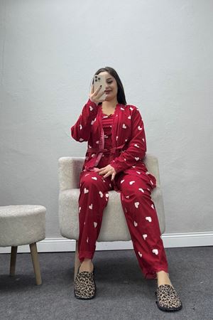 Kadın Süet 3'Lü Pijama Set Kırmızıbeyaz