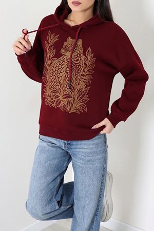 Kadın Üç İplik Kapüşonlu Baskılı Sweat Bordo Model TV-101967