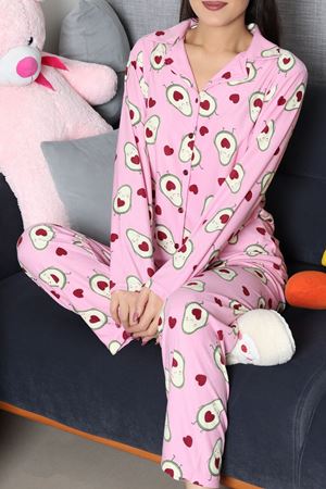 Kadın Süet Düğmeli Pijama Takımı Pembeyeşil