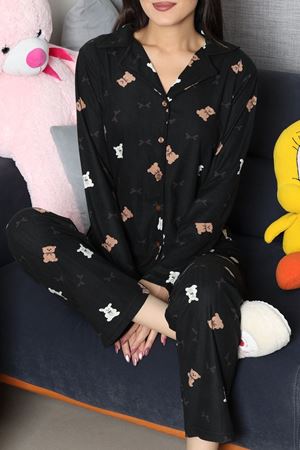 Kadın Süet Düğmeli Pijama Takımı Siyahayı