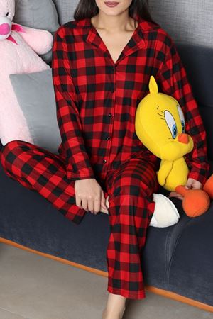 Kadın Süet Düğmeli Pijama Takımı Kırmızısiyah