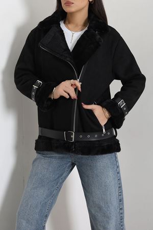 Kadın İçi Kürklü Süet Biker Mont Siyah