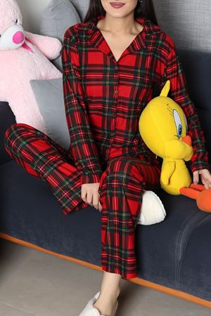Kadın Süet Düğmeli Pijama Takımı Kırmızıyeşil