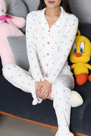Kadın Bürümcük Düğmeli Pijama Takımı Beyazçiçek