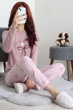 Kadın Süprem Baskılı Pijama Takımı Açıkpudra