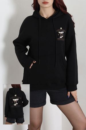 Kadın Üç İplik Kapşonlu Baskılı Sweat Siyah Model TV-101952