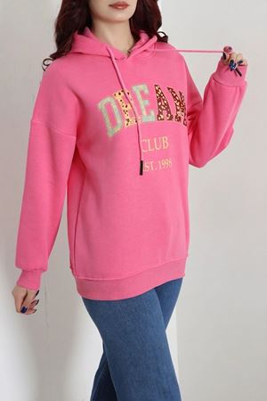 Kadın Üç İplik Baskılı Kapüşonlu Sweat Pembe