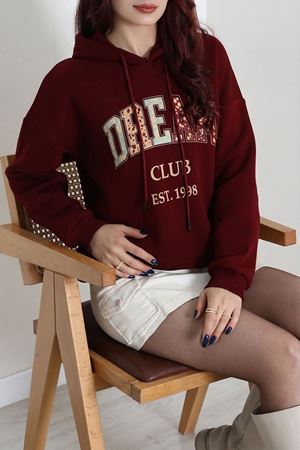 Kadın Üç İplik Baskılı Kapüşonlu Sweat Bordo