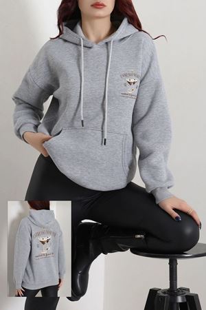Kadın Üç İplik Kapşonlu Baskılı Sweat Gri Model TV-101955