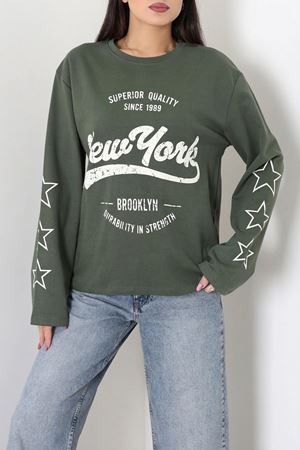 Kadın 2 İplik Baskılı Bisiklet Yaka Uzun Kol Swearshirt Haki