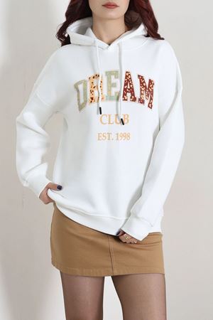 Kadın Üç İplik Baskılı Kapüşonlu Sweat Ekru