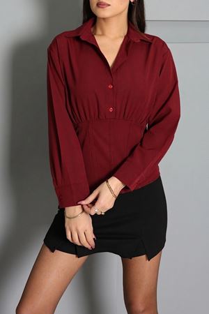 Kadın Poplin Korse Detaylı Gömlek Bordo