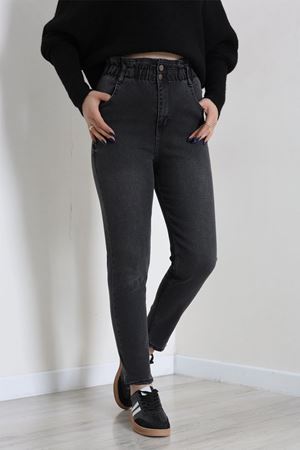 Kadın Beli Lastikli Dar Paça Kot Pantolon Füme