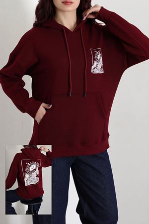 Kadın Kapşonlu Baskılı Sweat Bordo
