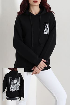 Kadın Kapşonlu Baskılı Sweat Siyah