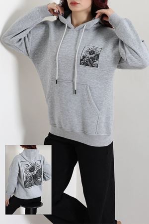 Kadın Kapşonlu Baskılı Sweat Gri