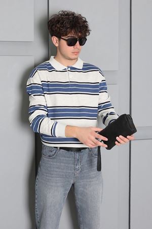 Selanik Çizgili Polo Yaka Erkek Sweatshirt Mavigri