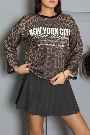 Kadın 2 İplik Şardonsuz Sweatshirt Leopar