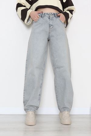 Kadın Arkası Tokalı Baggy Kot Pantolon Kar Yıkama