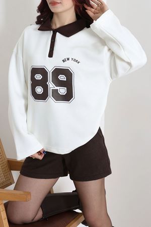 Kadın 3 İplik Şardonlubaskılı Polo Yaka Sweatshirt Ekrukahve