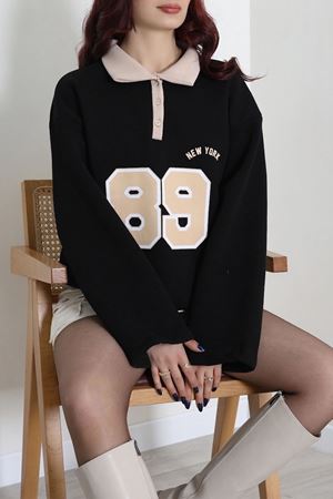Kadın 3 İplik Şardonlubaskılı Polo Yaka Sweatshirt Siyahbej