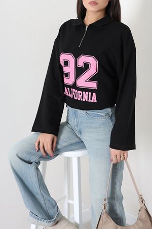 Kadın 2 İplik Baskılı Polo Yaka Oversize Sweatshirt Siyah
