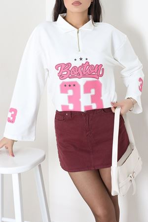 Kadın 2 İplik Baskılı Polo Yaka Oversize Sweatshirt Ekru Model TV-102813