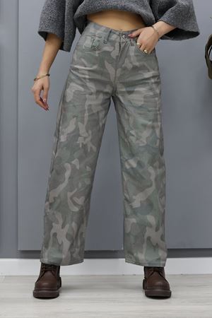 Kadın Gabardin Etnik Desenli Pantolon Griyeşil