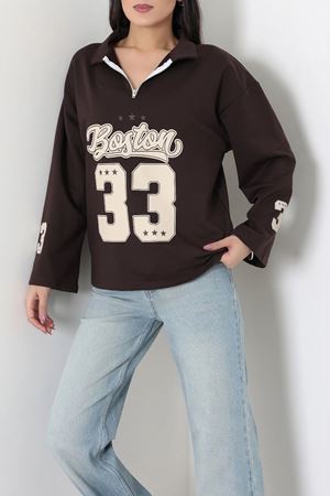 Kadın 2 İplik Baskılı Polo Yaka Oversize Sweatshirt Kahve