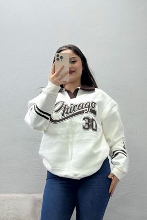 Kadın 3 İpilik Şardonlu Baskılı Polo Yaka Sweatshirt Ekru