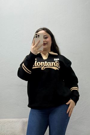 Kadın 3 İplik Şardonlu Baskılı Polo Yaka Sweatshirt Siyah