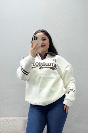 Kadın 3 İplik Şardonlu Baskılı Polo Yaka Sweatshirt Ekru