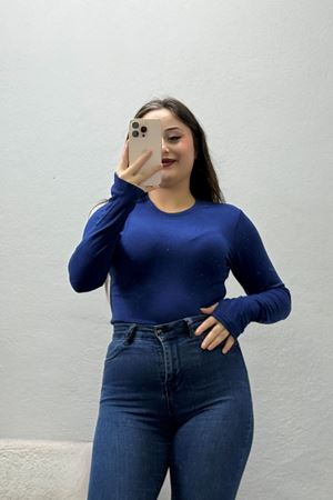 Kadın Bisiklet Yaka Buzzy Ribana Parmak Geçmeli Body İndigo