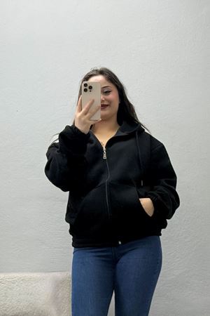 Kadın 3 İplik Şardonlu Kapşonlu Çanta Cepli Sweatshirt Siyah