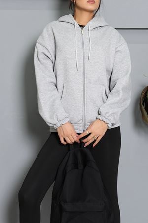 Kadın 3 İplik Şardonlu Kapşonlu Çanta Cepli Sweatshirt Gri