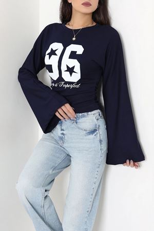 Kadın Modal Baskılı Yanlar Büzgülü Sweatshirt Lacivert