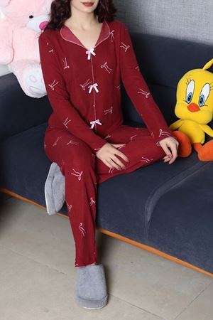 Kadın Kadife Yüzey Waffle Pijama Takımı Bordo