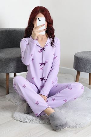 Kadın Kadife Yüzey Waffle Pijama Takımı Lila