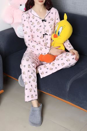 Kadın Kadife Yüzey Waffle Pijama Takımı Pudra