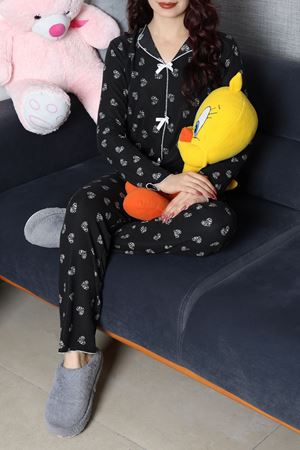 Kadın Kadife Yüzey Waffle Pijama Takımı Siyahkalpli