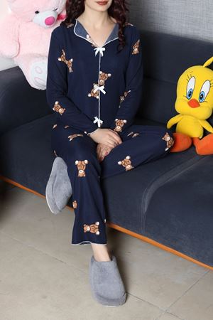 Kadın Kadife Yüzey Waffle Pijama Takımı Lacivert