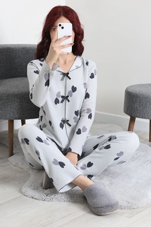 Kadın Kadife Yüzey Waffle Pijama Takımı Gri