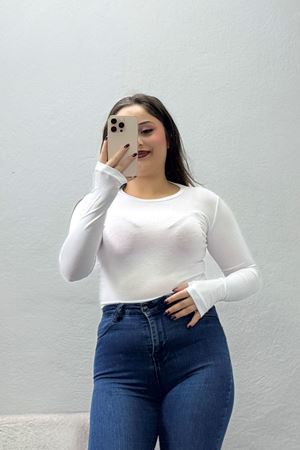 Kadın Bisiklet Yaka Parmak Geçmeli Viskon Body Beyaz