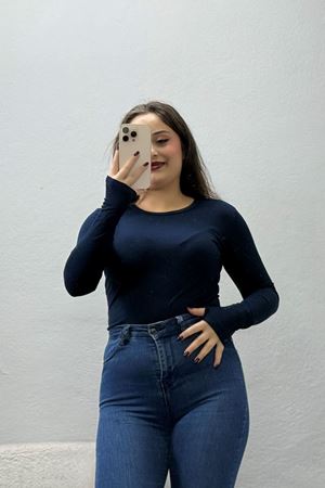 Kadın Bisiklet Yaka Parmak Geçmeli Viskon Body Lacivert