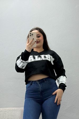Kadın 3 İplik Şardonsuz Baskılı V Yaka Uzun Kol Crop Sweatshirt Siyah